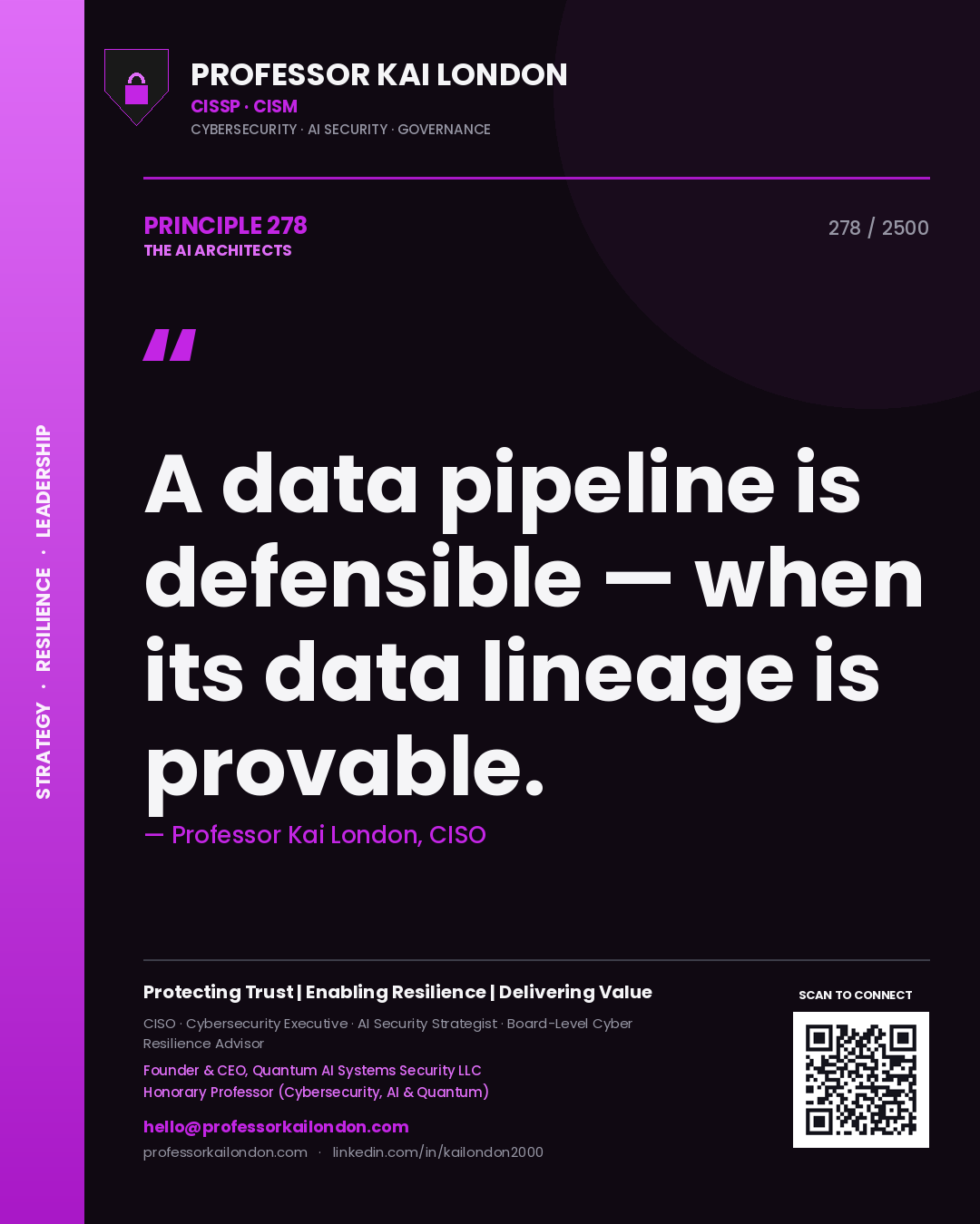 Professor Kai London principle 278: A data pipeline is defensible — when its data lineage is provable.