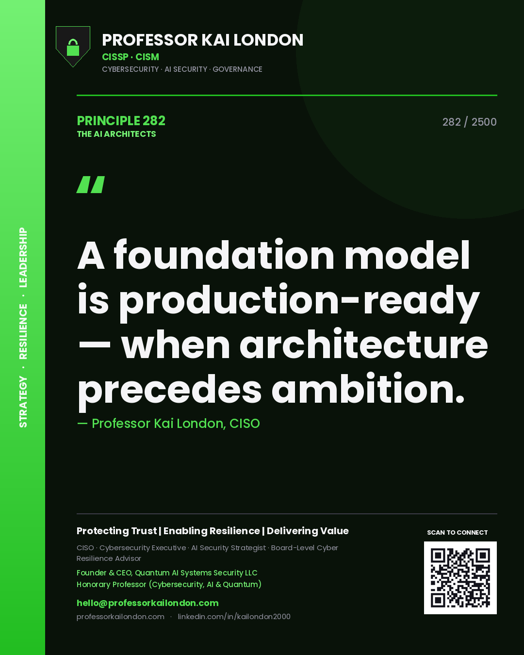 Quote card by Professor Kai London reading 'A foundation model is production-ready — when architecture precedes ambition.'. From the book The AI Architects.