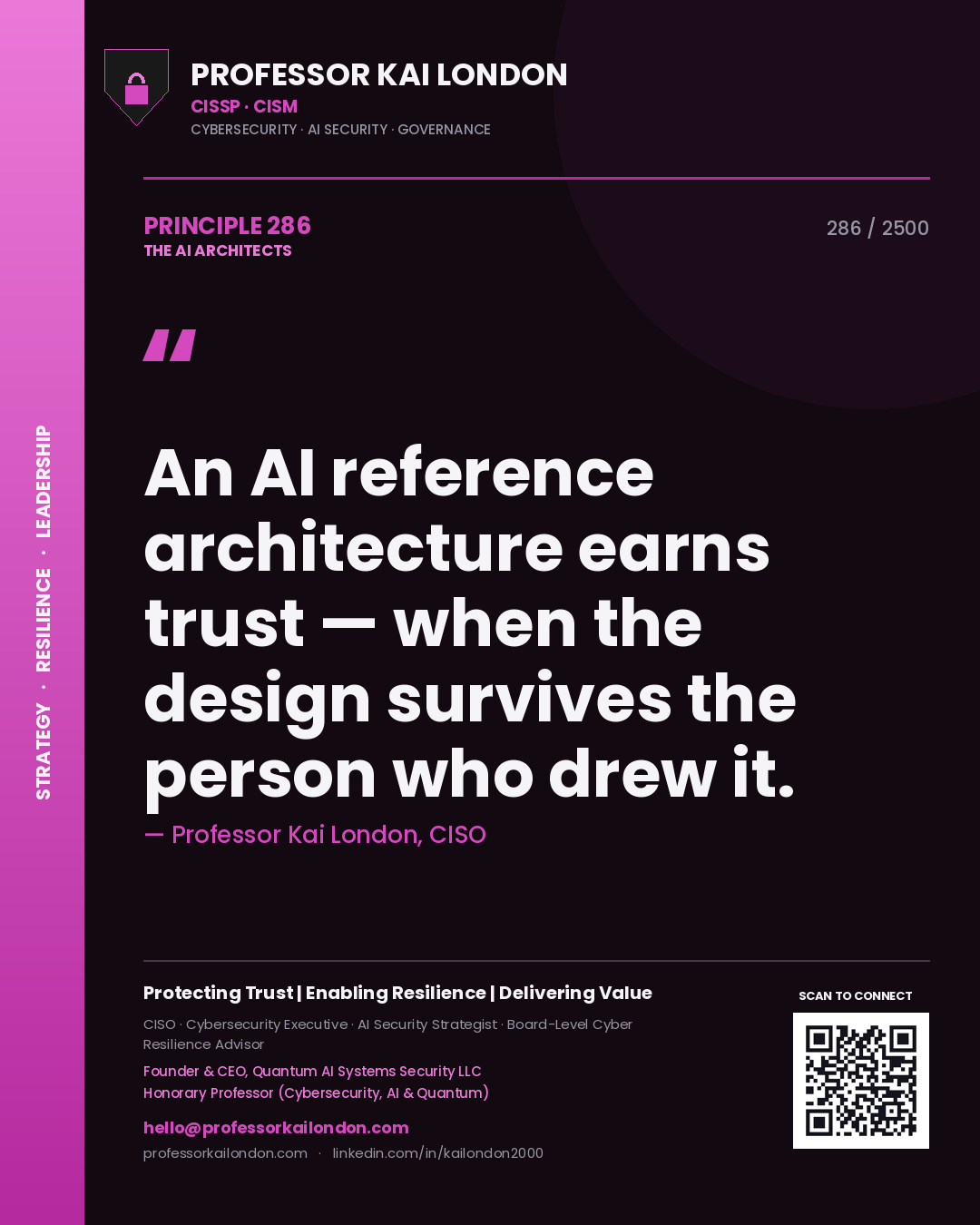 Quote card by Professor Kai London reading 'An AI reference architecture earns trust — when the design survives the person who drew it.'. From the book The AI Architects.