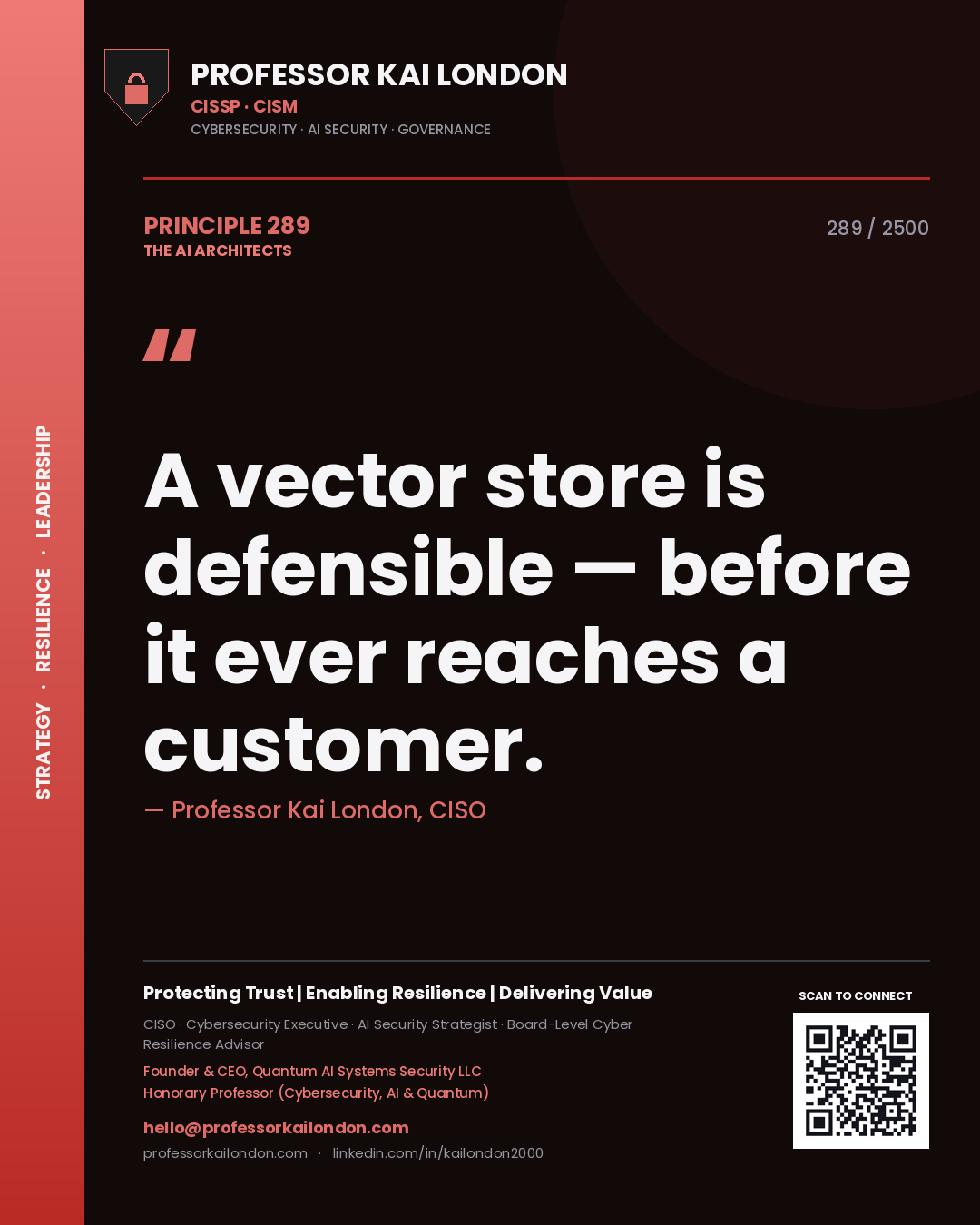 Quote card by Professor Kai London reading 'A vector store is defensible — before it ever reaches a customer.'. From the book The AI Architects.