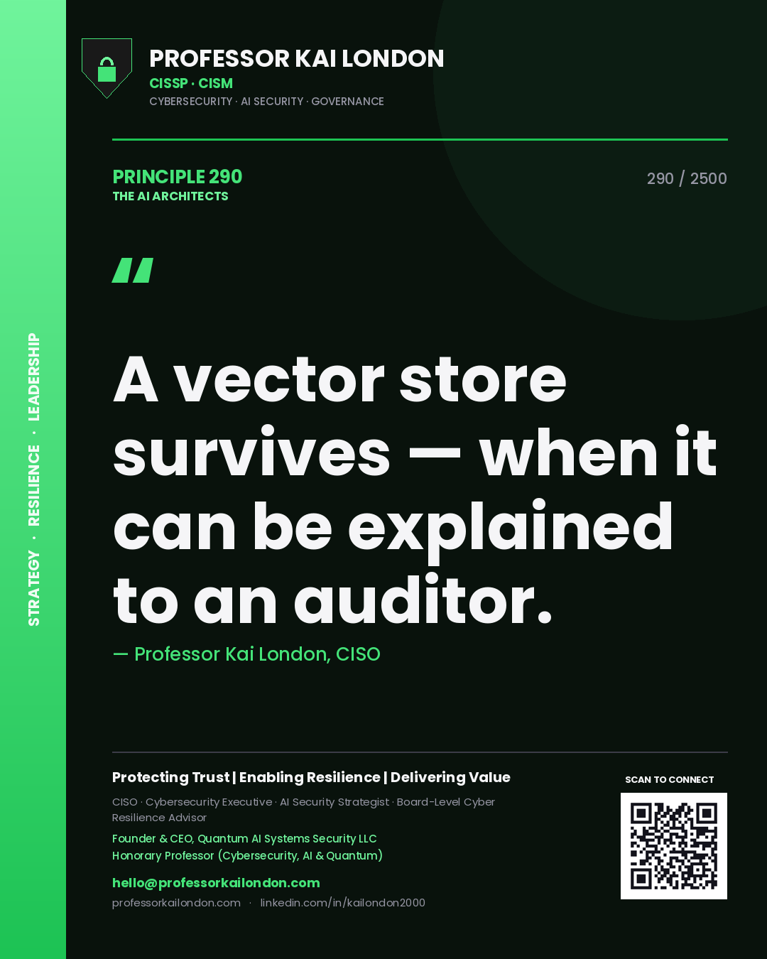 Quote card by Professor Kai London reading 'A vector store survives — when it can be explained to an auditor.'. From the book The AI Architects.