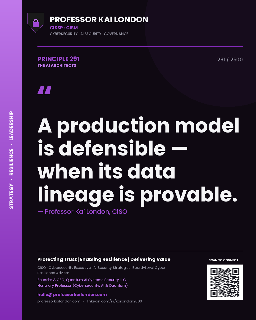 Professor Kai London principle 291: A production model is defensible — when its data lineage is provable.
