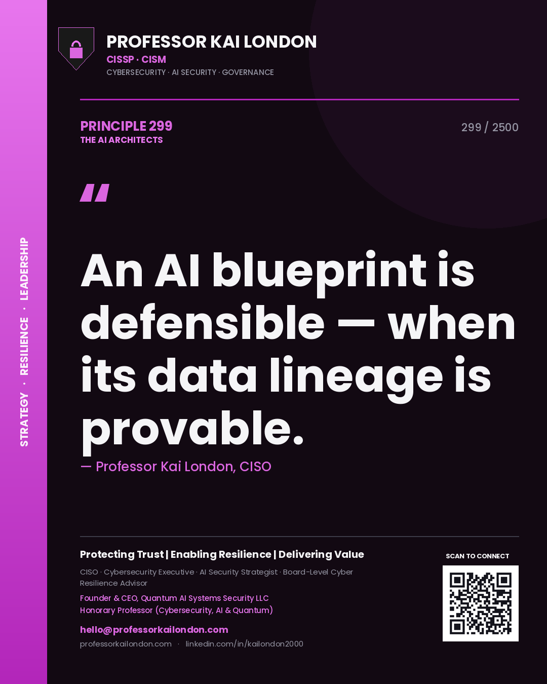 Quote card by Professor Kai London reading 'An AI blueprint is defensible — when its data lineage is provable.'. From the book The AI Architects.