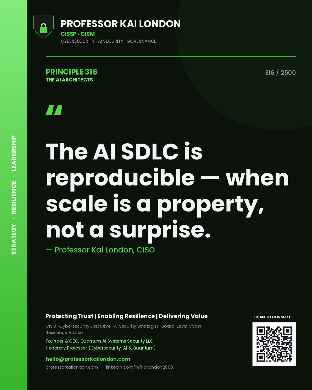 Quote card by Professor Kai London reading 'The AI SDLC is reproducible — when scale is a property, not a surprise.'. From the book The AI Architects.