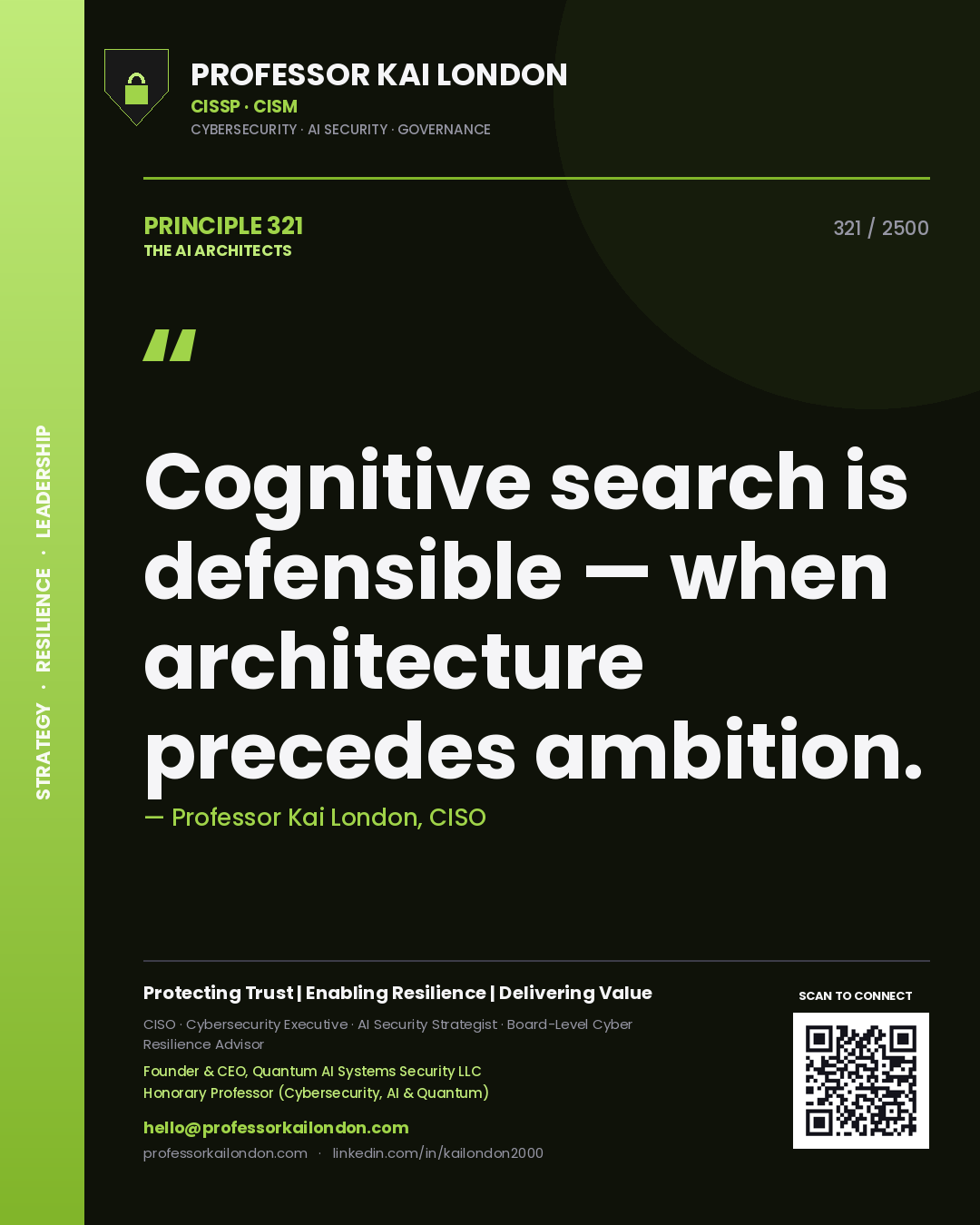 Quote card by Professor Kai London reading 'Cognitive search is defensible — when architecture precedes ambition.'. From the book The AI Architects.