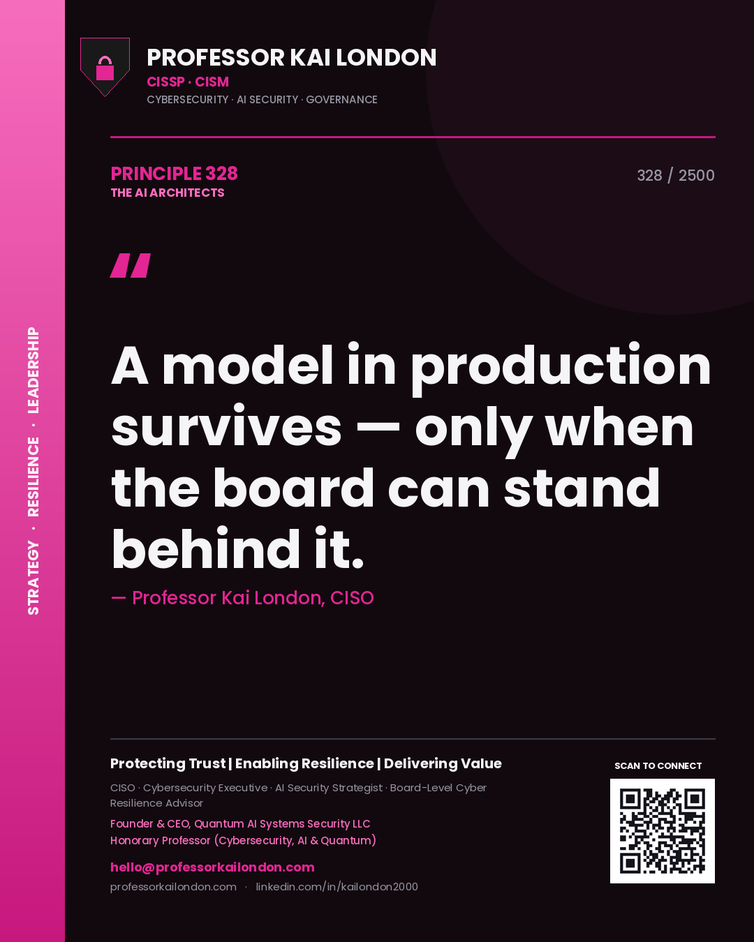 Quote card by Professor Kai London reading 'A model in production survives — only when the board can stand behind it.'. From the book The AI Architects.
