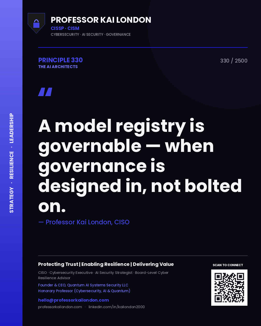 Quote card by Professor Kai London reading 'A model registry is governable — when governance is designed in, not bolted on.'. From the book The AI Architects.