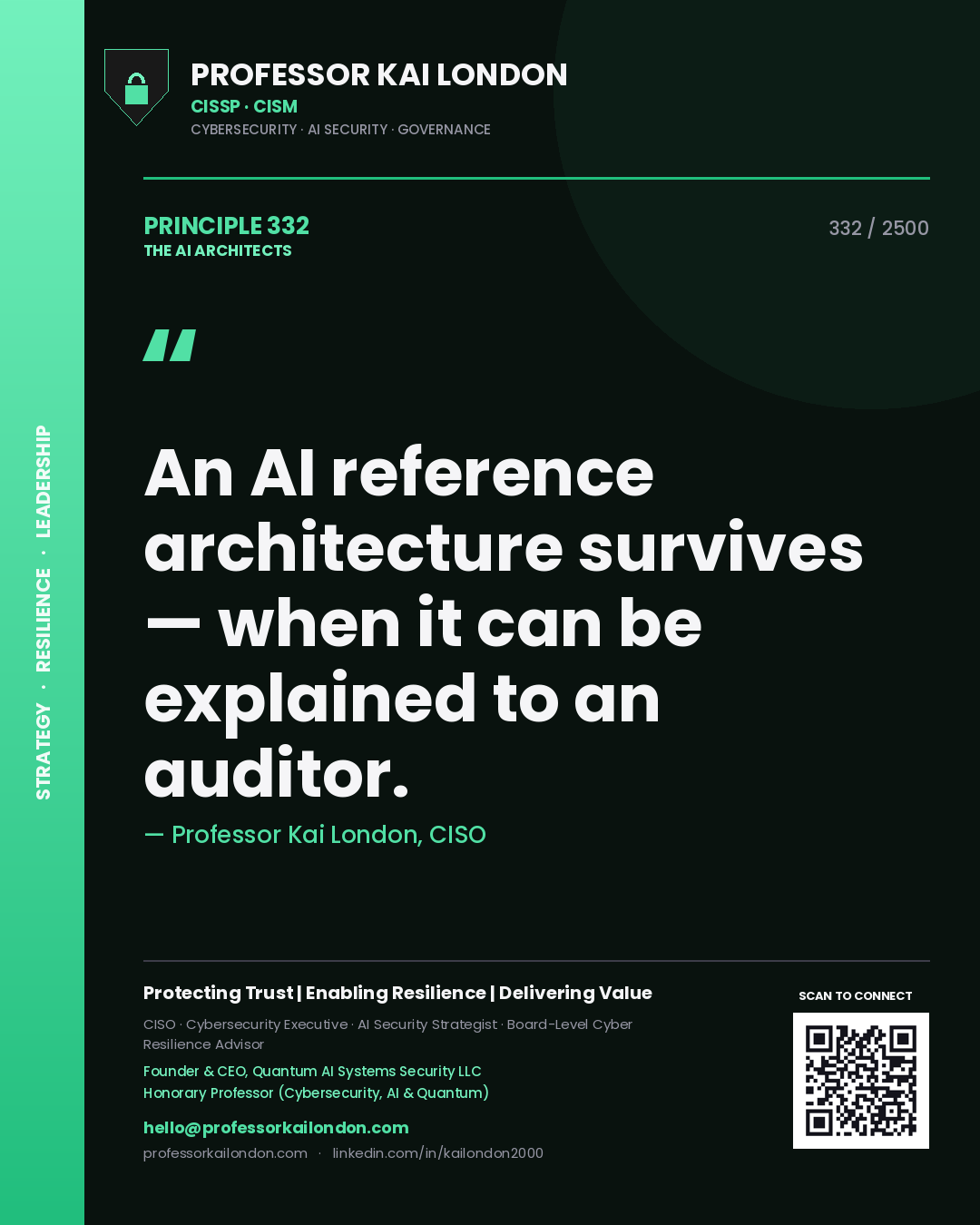 Quote card by Professor Kai London reading 'An AI reference architecture survives — when it can be explained to an auditor.'. From the book The AI Architects.