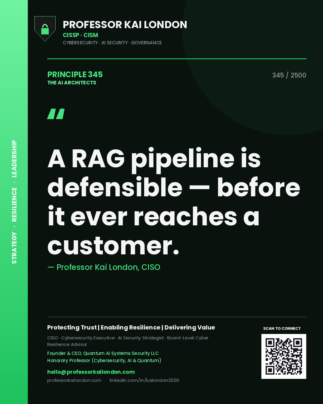 Quote card by Professor Kai London reading 'A RAG pipeline is defensible — before it ever reaches a customer.'. From the book The AI Architects.
