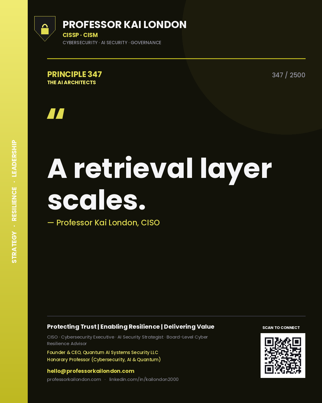 Quote card by Professor Kai London reading 'A retrieval layer scales.'. From the book The AI Architects.