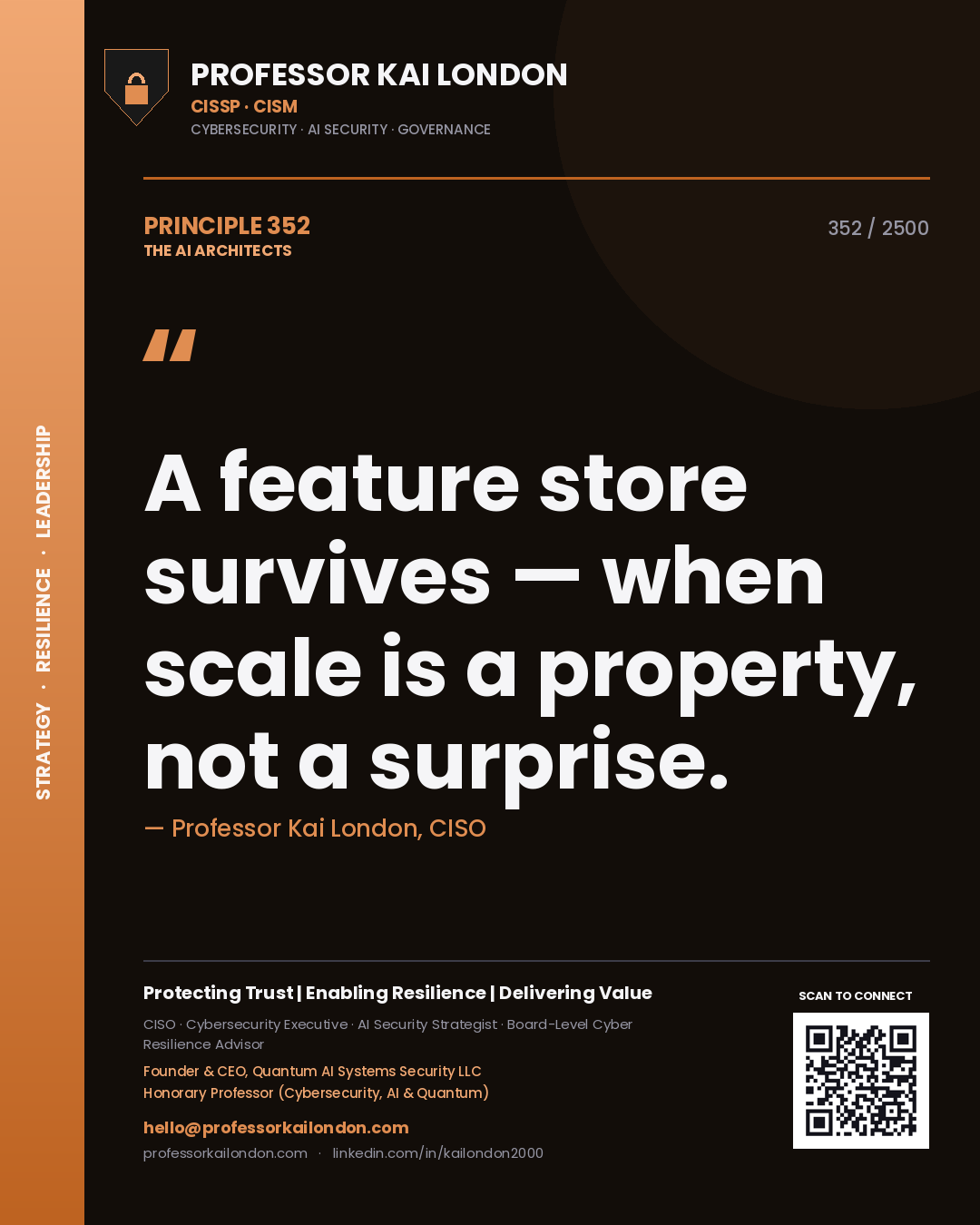 Quote card by Professor Kai London reading 'A feature store survives — when scale is a property, not a surprise.'. From the book The AI Architects.