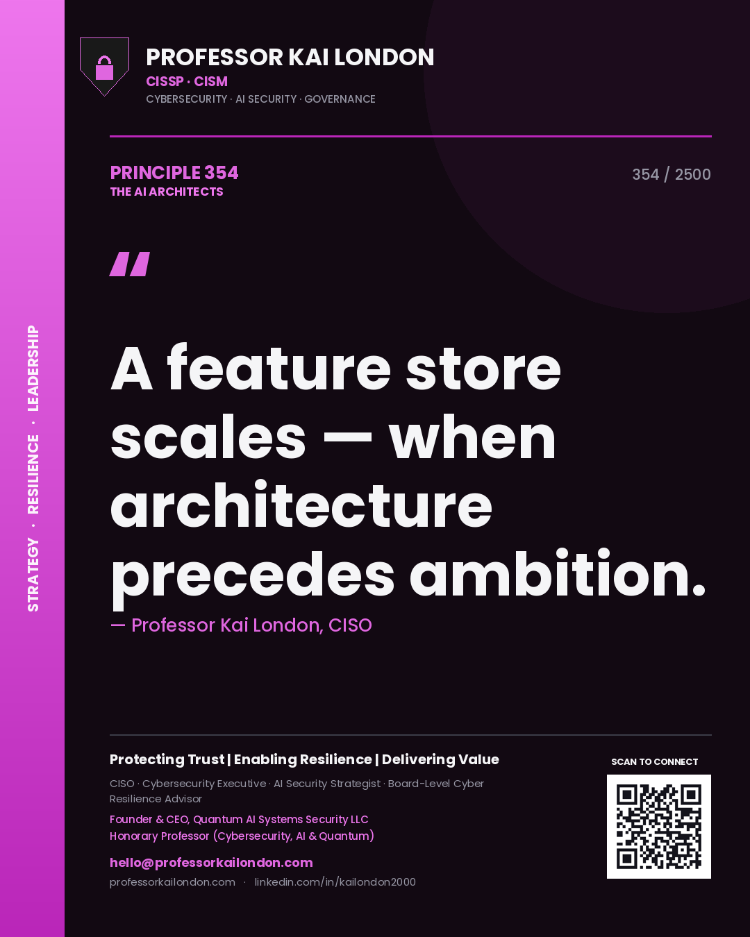 Quote card by Professor Kai London reading 'A feature store scales — when architecture precedes ambition.'. From the book The AI Architects.