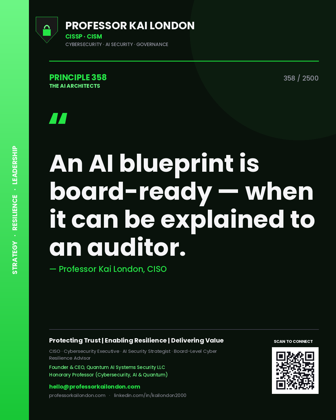Quote card by Professor Kai London reading 'An AI blueprint is board-ready — when it can be explained to an auditor.'. From the book The AI Architects.