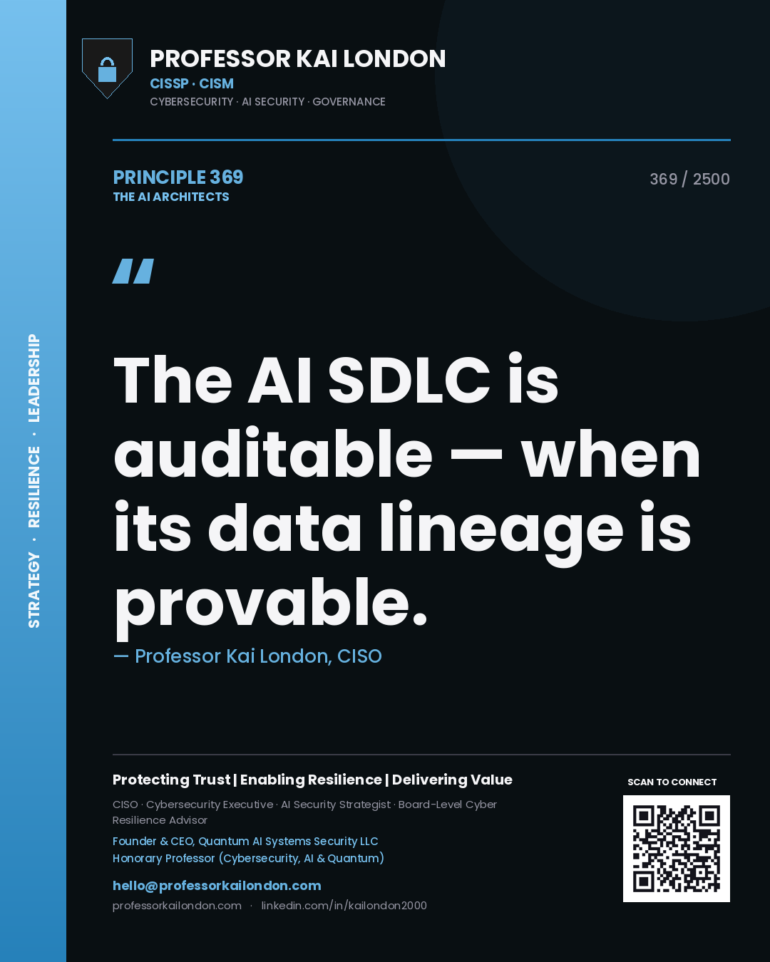 Quote card by Professor Kai London reading 'The AI SDLC is auditable — when its data lineage is provable.'. From the book The AI Architects.