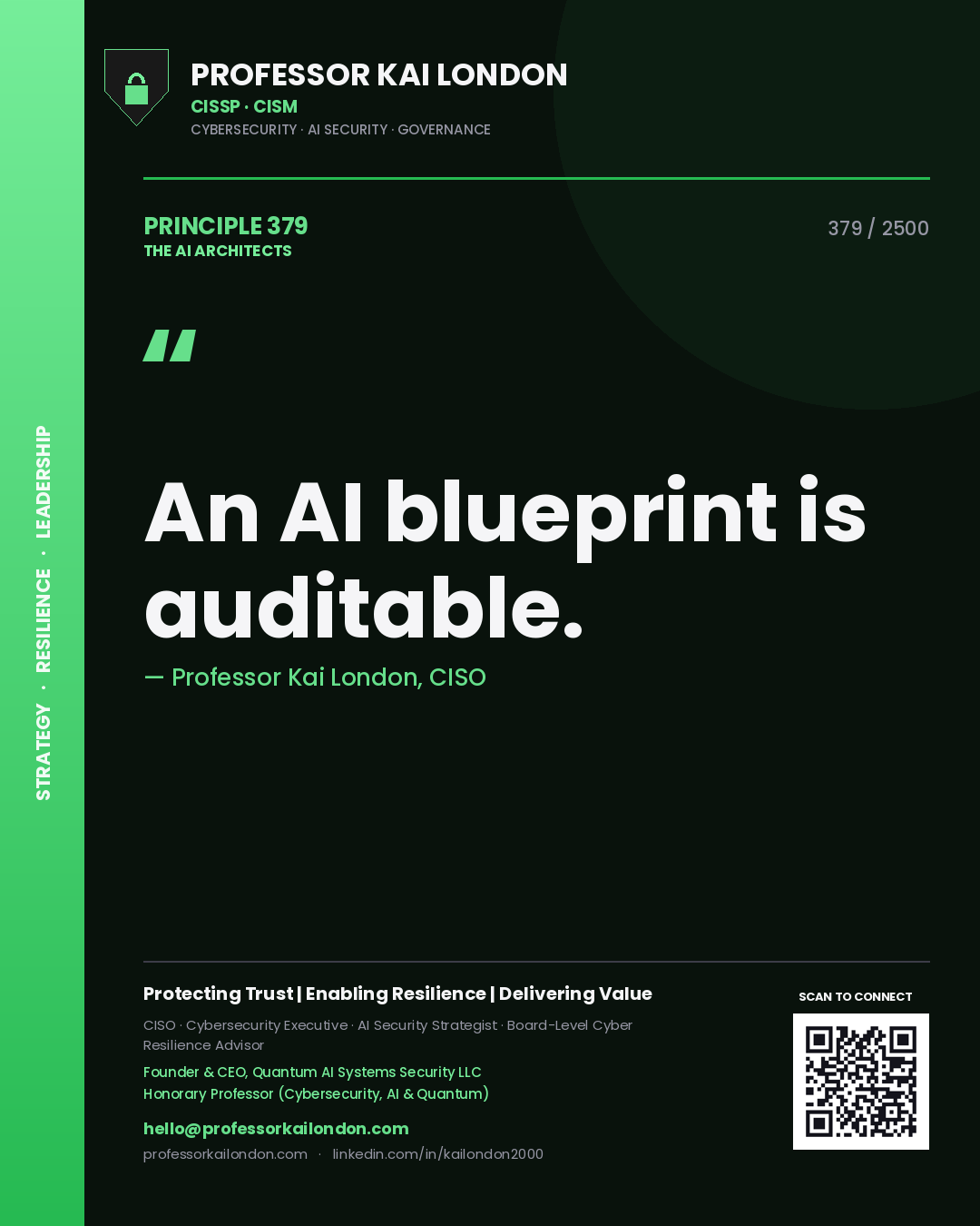 Quote card by Professor Kai London reading 'An AI blueprint is auditable.'. From the book The AI Architects.