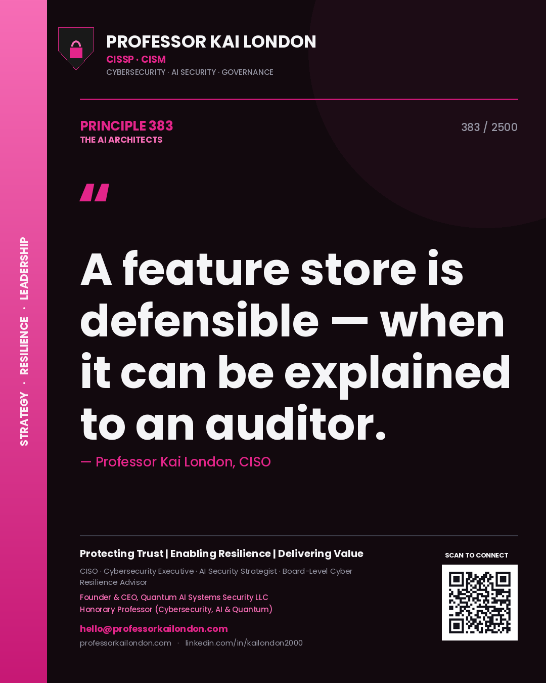 Professor Kai London principle 383: A feature store is defensible — when it can be explained to an auditor.