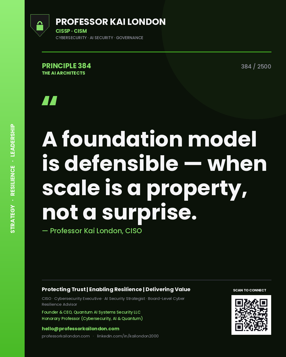 Quote card by Professor Kai London reading 'A foundation model is defensible — when scale is a property, not a surprise.'. From the book The AI Architects.