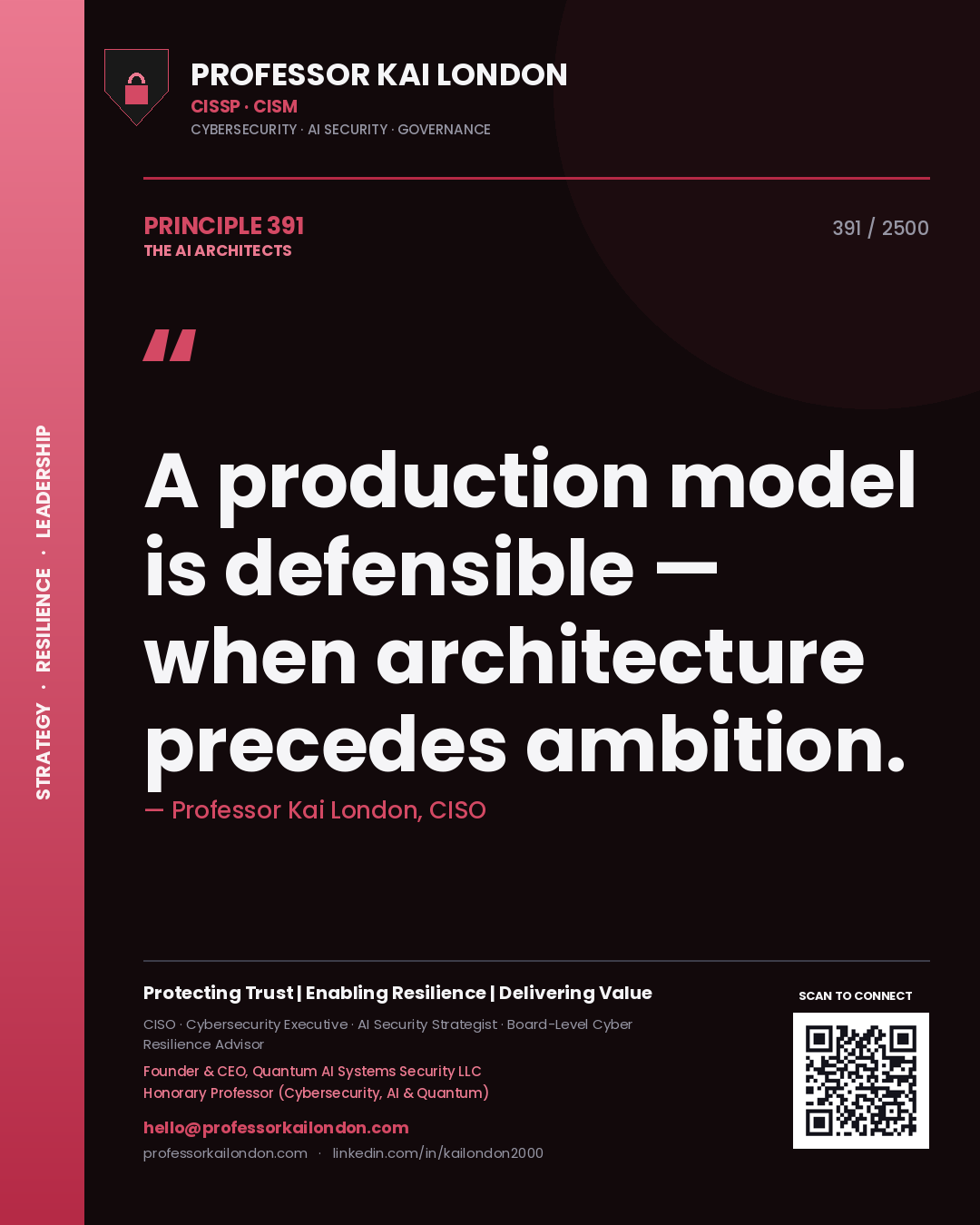 Quote card by Professor Kai London reading 'A production model is defensible — when architecture precedes ambition.'. From the book The AI Architects.