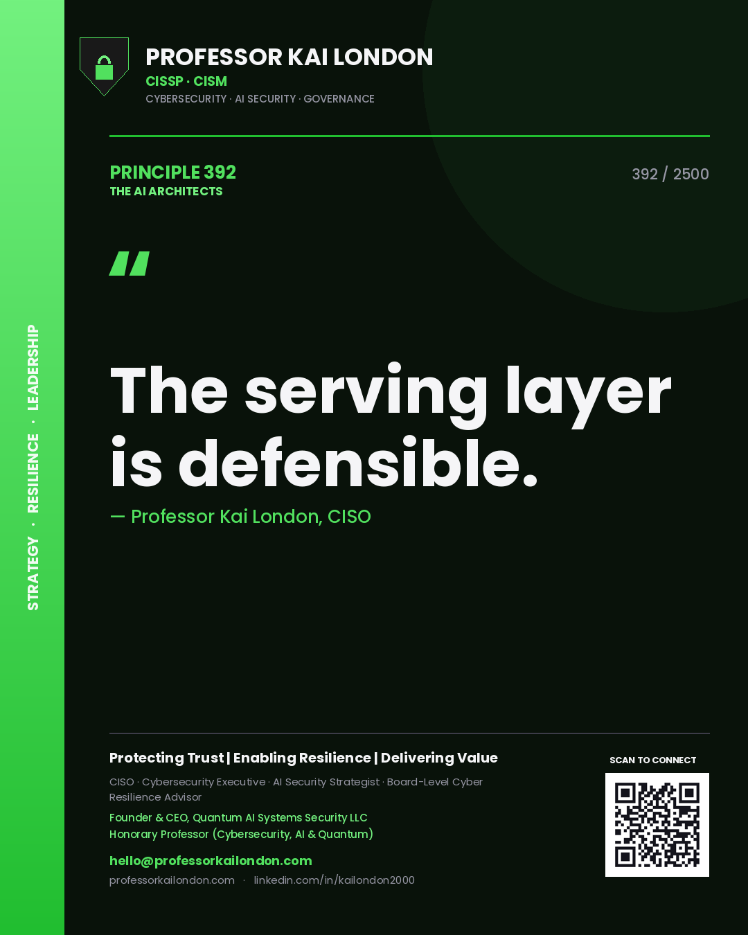 Quote card by Professor Kai London reading 'The serving layer is defensible.'. From the book The AI Architects.