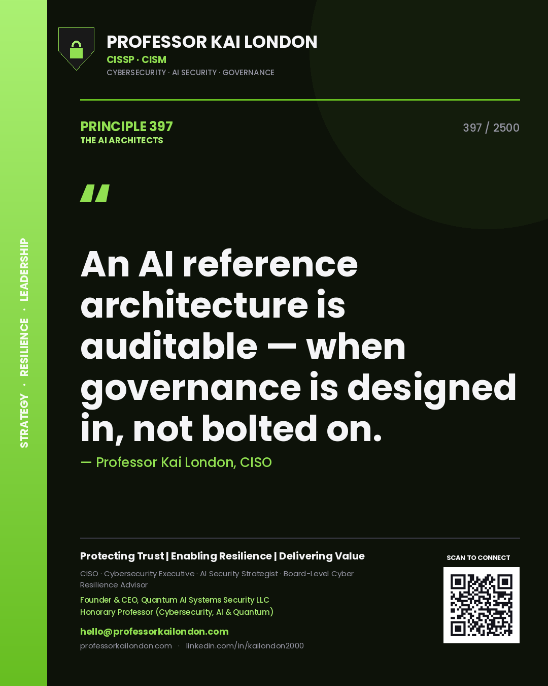 Quote card by Professor Kai London reading 'An AI reference architecture is auditable — when governance is designed in, not bolted on.'. From the book The AI Architects.