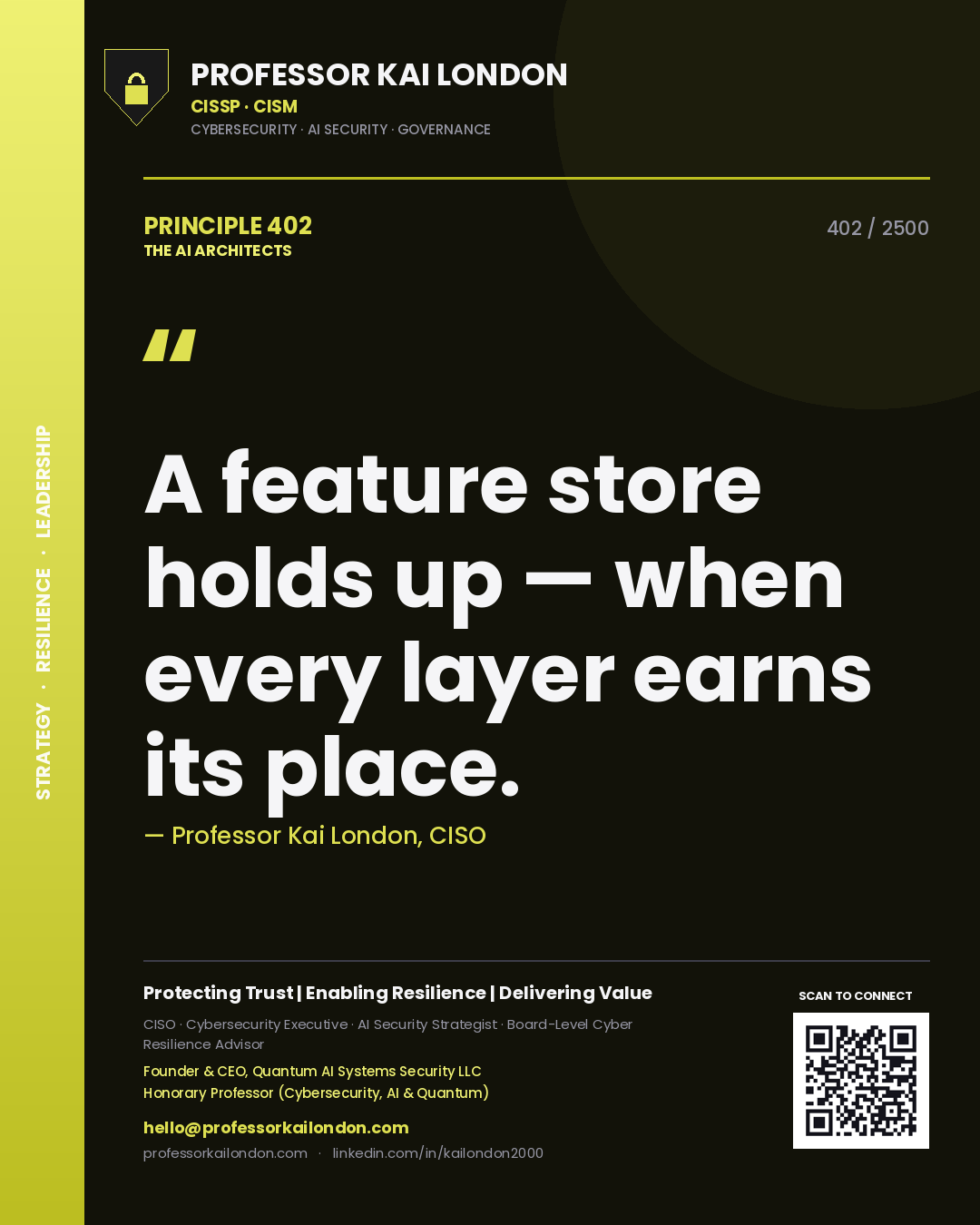 Quote card by Professor Kai London reading 'A feature store holds up — when every layer earns its place.'. From the book The AI Architects.