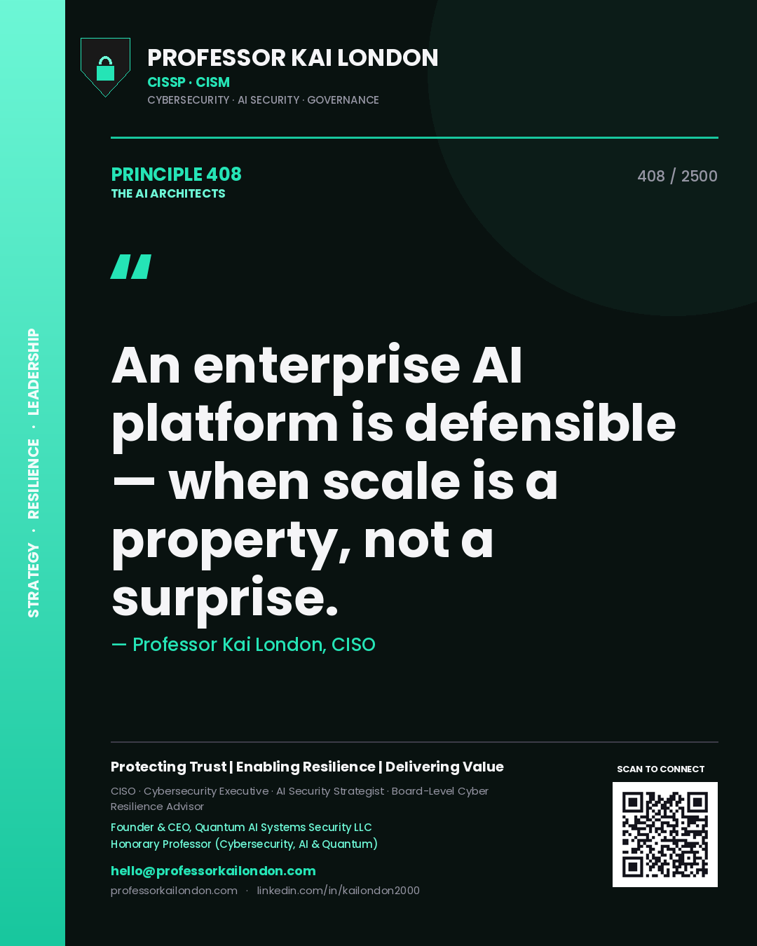 Quote card by Professor Kai London reading 'An enterprise AI platform is defensible — when scale is a property, not a surprise.'. From the book The AI Architects.