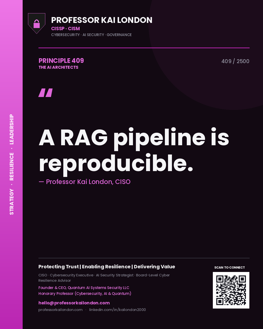 Quote card by Professor Kai London reading 'A RAG pipeline is reproducible.'. From the book The AI Architects.