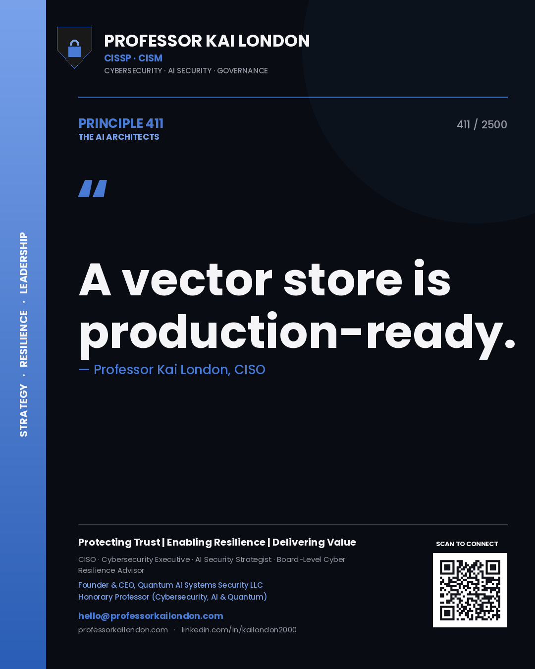Quote card by Professor Kai London reading 'A vector store is production-ready.'. From the book The AI Architects.