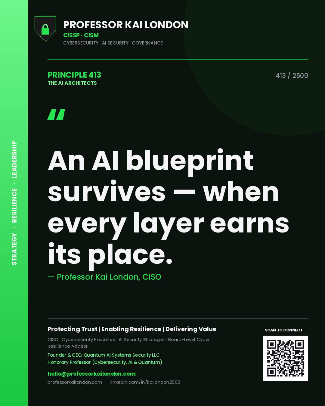 Professor Kai London principle 413: An AI blueprint survives — when every layer earns its place.