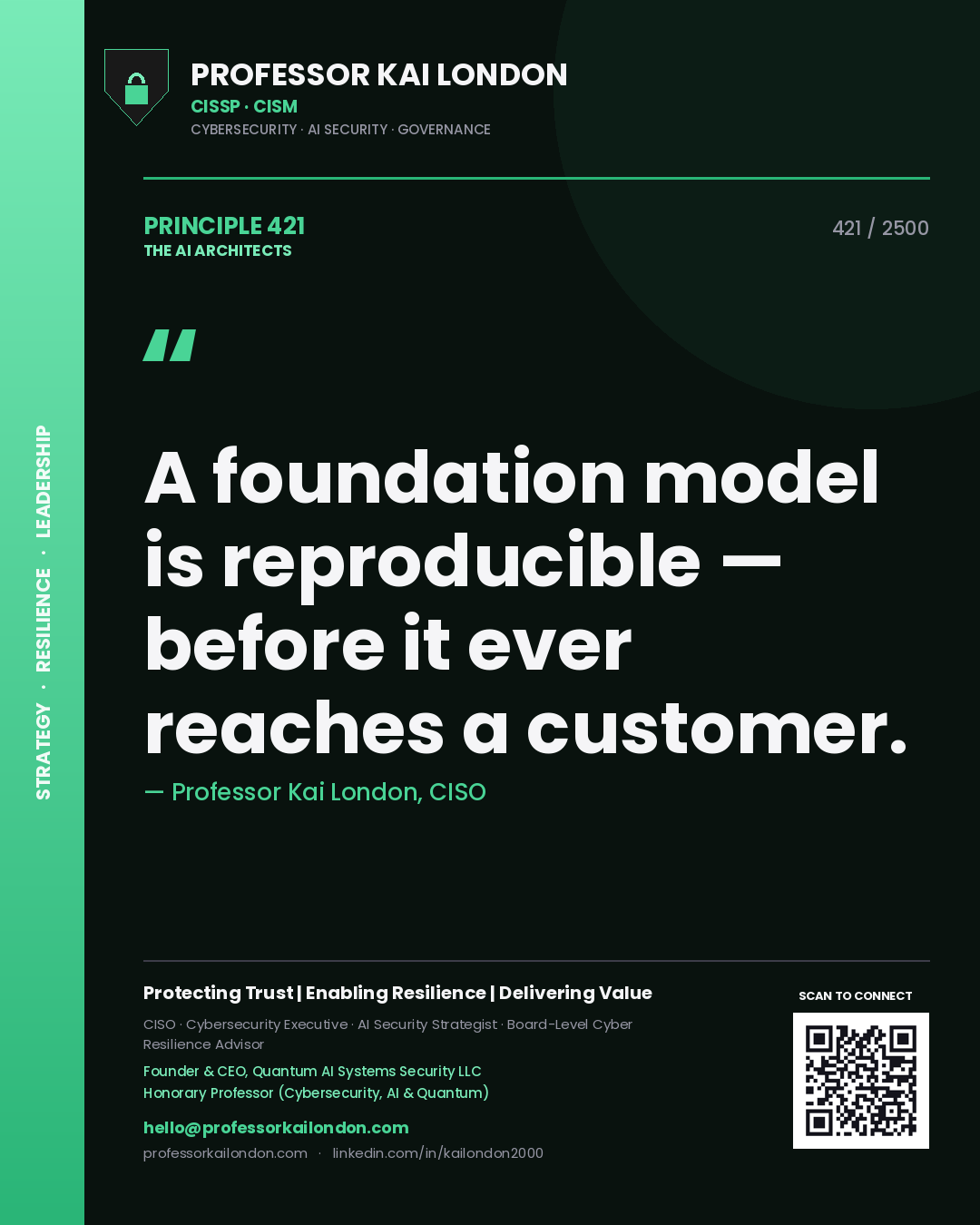 Professor Kai London principle 421: A foundation model is reproducible — before it ever reaches a customer.