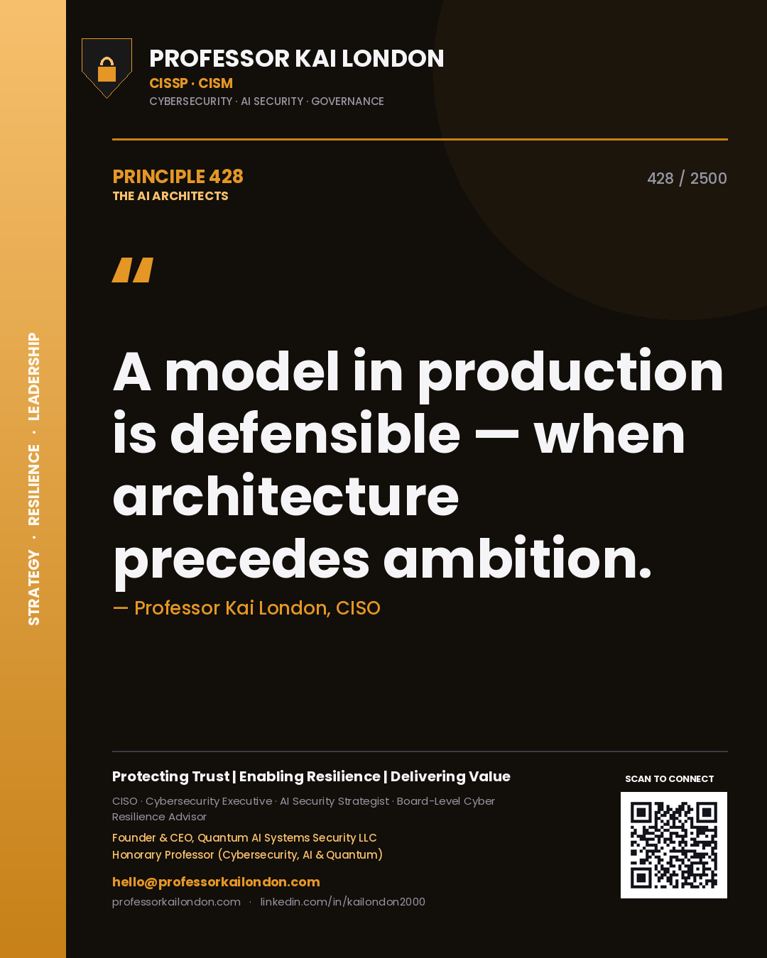 Quote card by Professor Kai London reading 'A model in production is defensible — when architecture precedes ambition.'. From the book The AI Architects.