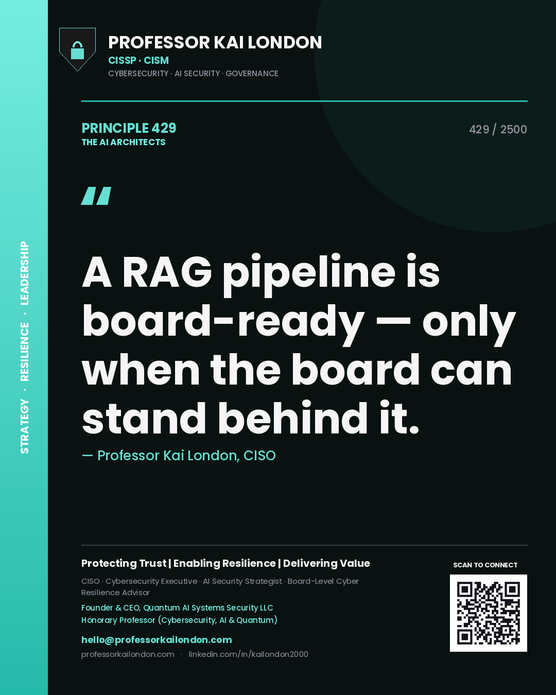 Quote card by Professor Kai London reading 'A RAG pipeline is board-ready — only when the board can stand behind it.'. From the book The AI Architects.