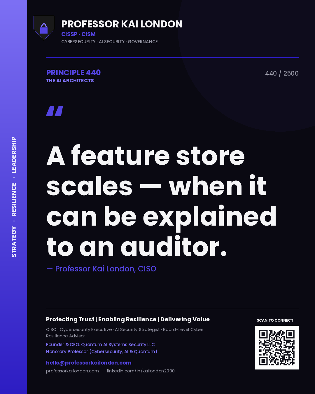 Professor Kai London principle 440: A feature store scales — when it can be explained to an auditor.