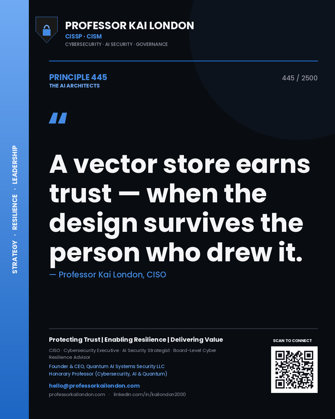 Professor Kai London principle 445: A vector store earns trust — when the design survives the person who drew it.