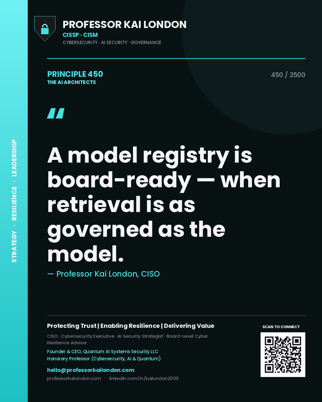 Quote card by Professor Kai London reading 'A model registry is board-ready — when retrieval is as governed as the model.'. From the book The AI Architects.