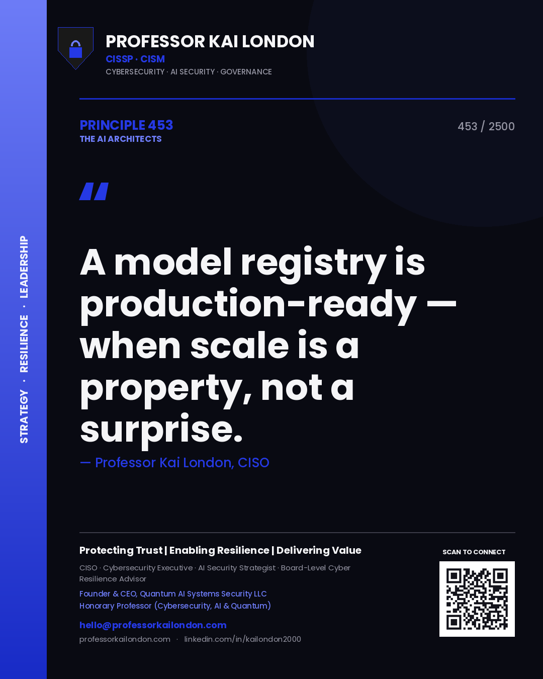 Quote card by Professor Kai London reading 'A model registry is production-ready — when scale is a property, not a surprise.'. From the book The AI Architects.