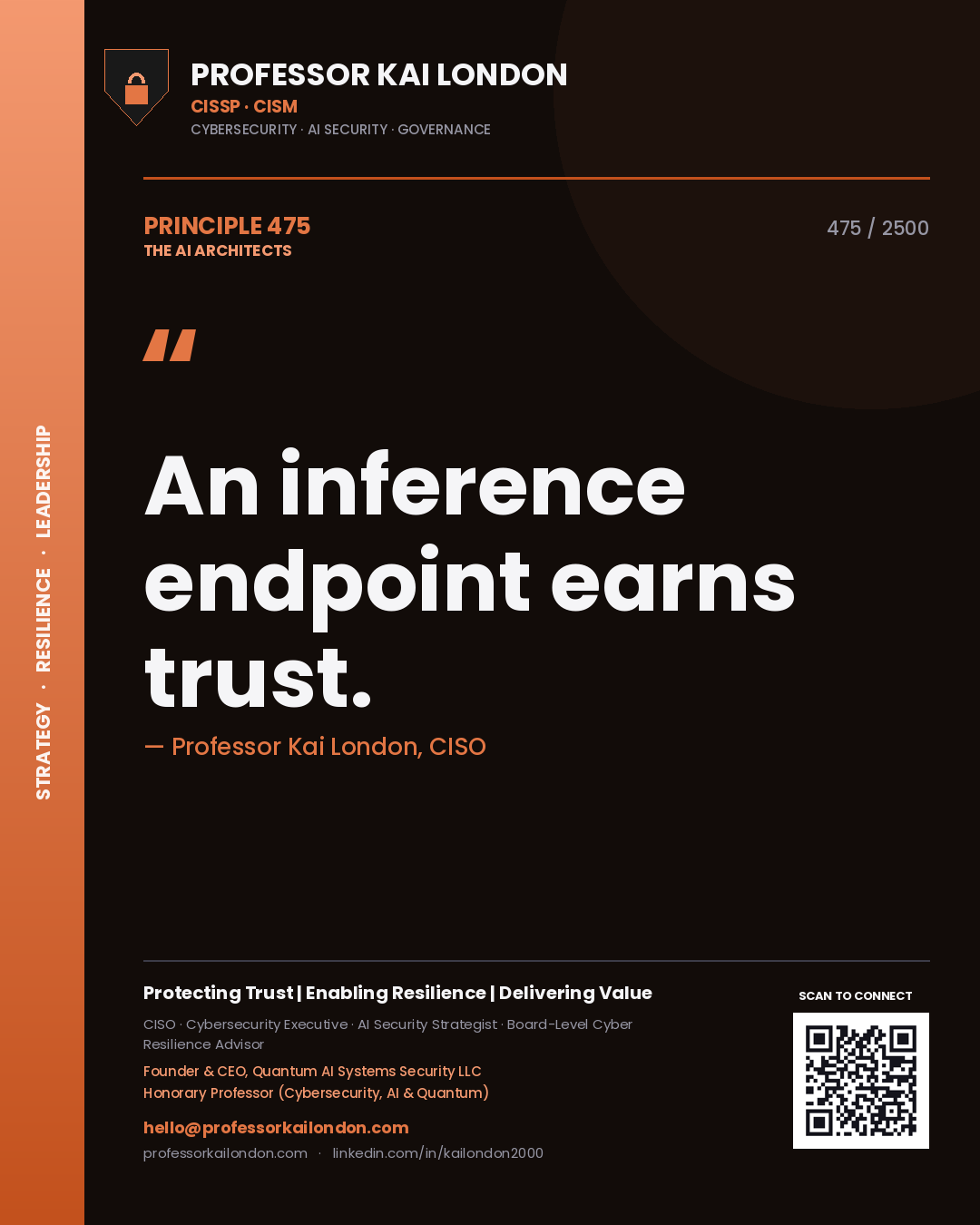 Quote card by Professor Kai London reading 'An inference endpoint earns trust.'. From the book The AI Architects.