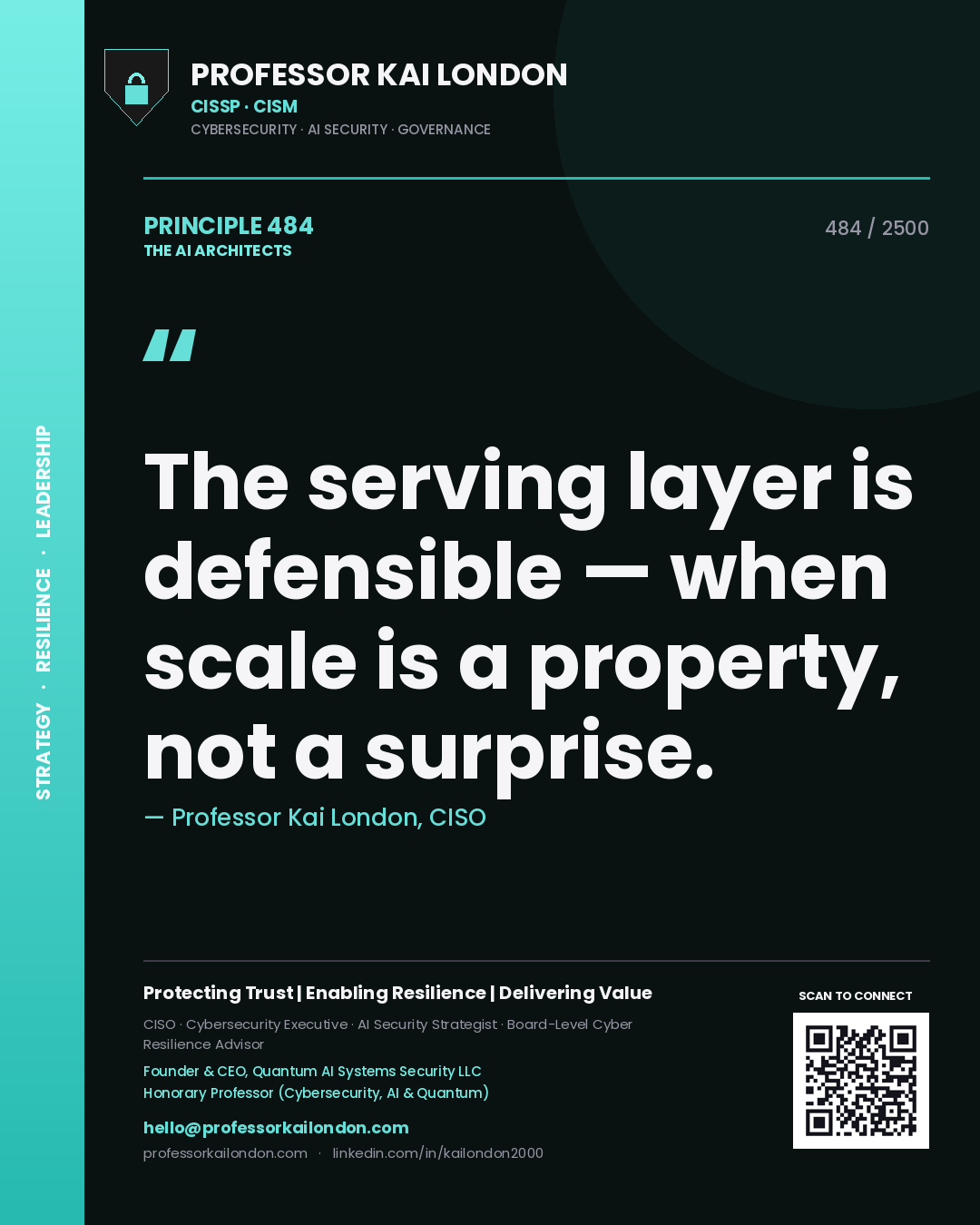 Quote card by Professor Kai London reading 'The serving layer is defensible — when scale is a property, not a surprise.'. From the book The AI Architects.