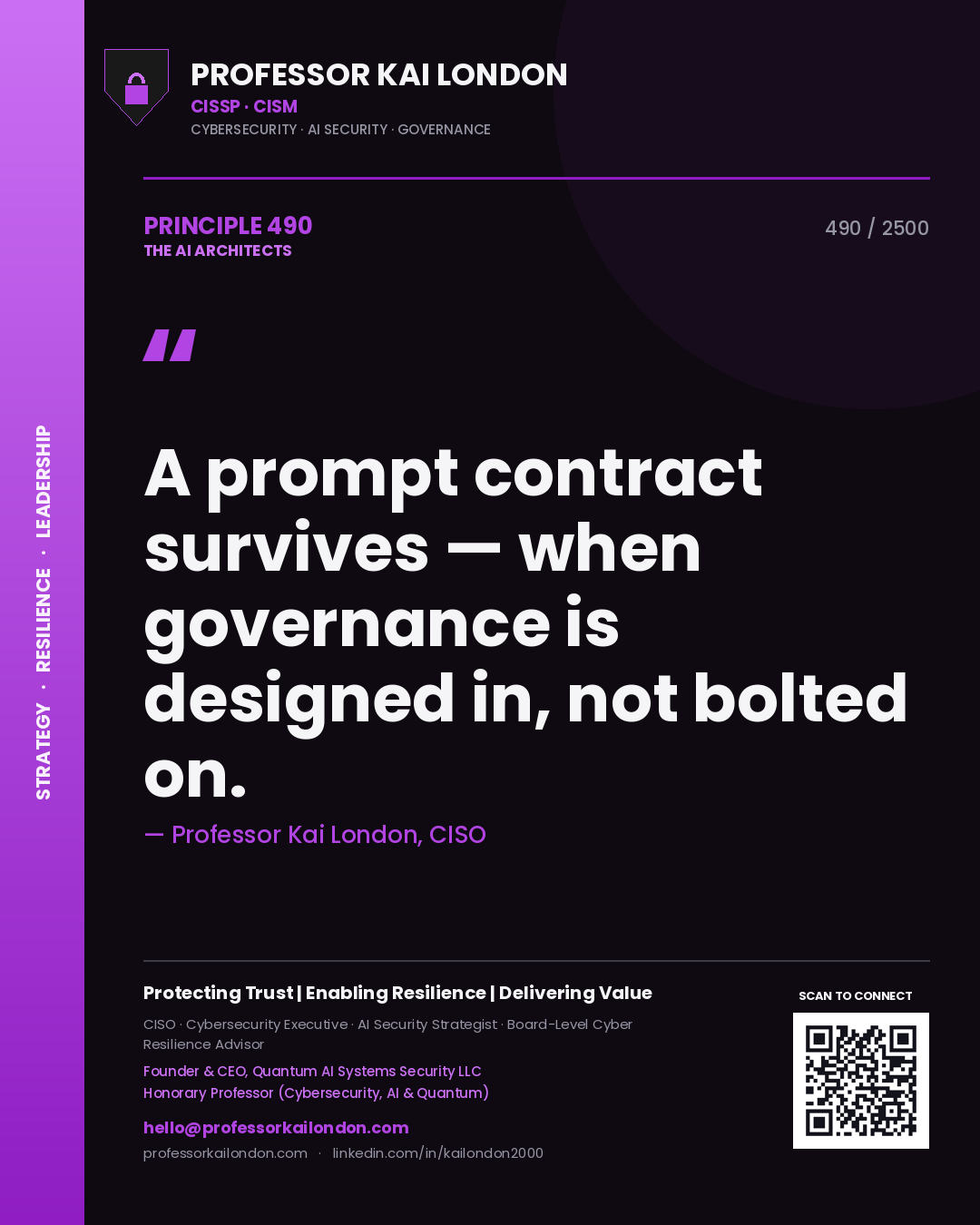 Quote card by Professor Kai London reading 'A prompt contract survives — when governance is designed in, not bolted on.'. From the book The AI Architects.