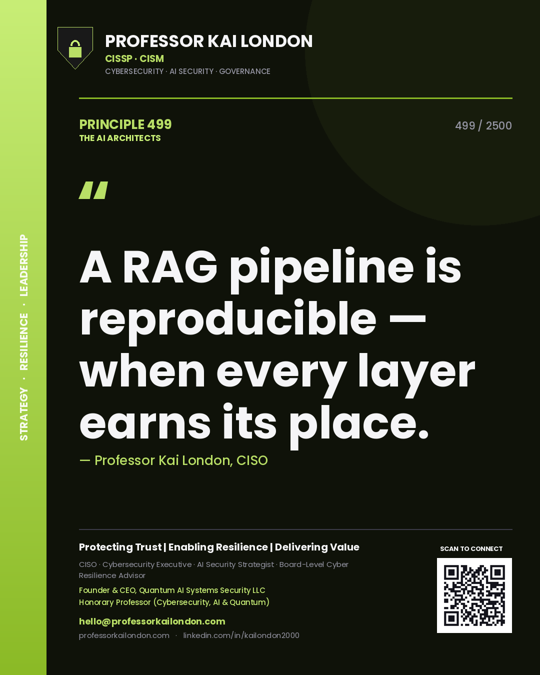 Professor Kai London principle 499: A RAG pipeline is reproducible — when every layer earns its place.
