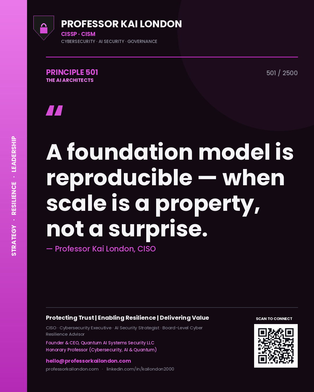 Professor Kai London principle 501: A foundation model is reproducible — when scale is a property, not a surprise.