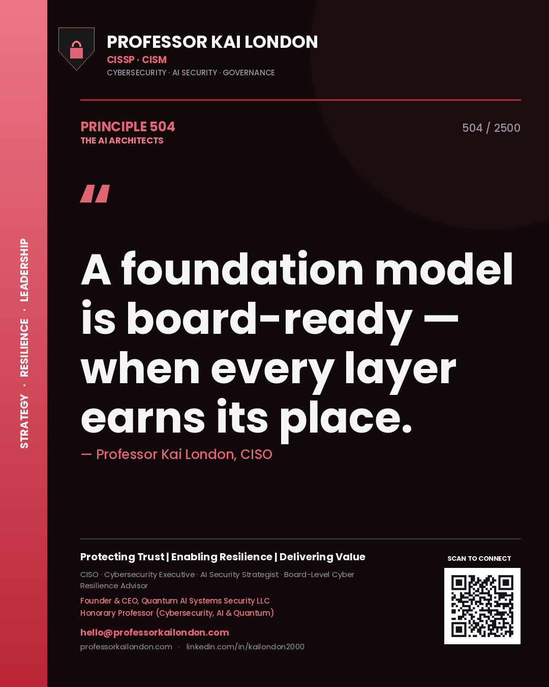 Quote card by Professor Kai London reading 'A foundation model is board-ready — when every layer earns its place.'. From the book The AI Architects.