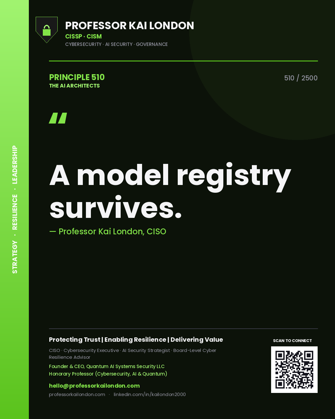 Quote card by Professor Kai London reading 'A model registry survives.'. From the book The AI Architects.