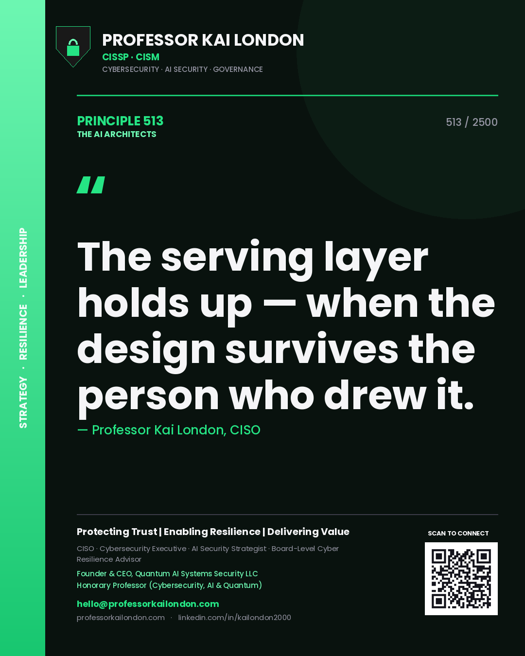 Professor Kai London principle 513: The serving layer holds up — when the design survives the person who drew it.