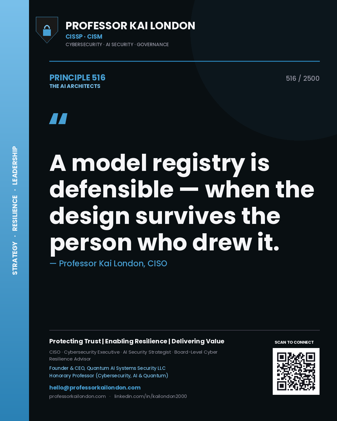 Quote card by Professor Kai London reading 'A model registry is defensible — when the design survives the person who drew it.'. From the book The AI Architects.