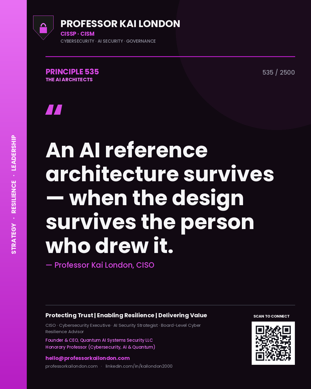 Quote card by Professor Kai London reading 'An AI reference architecture survives — when the design survives the person who drew it.'. From the book The AI Architects.