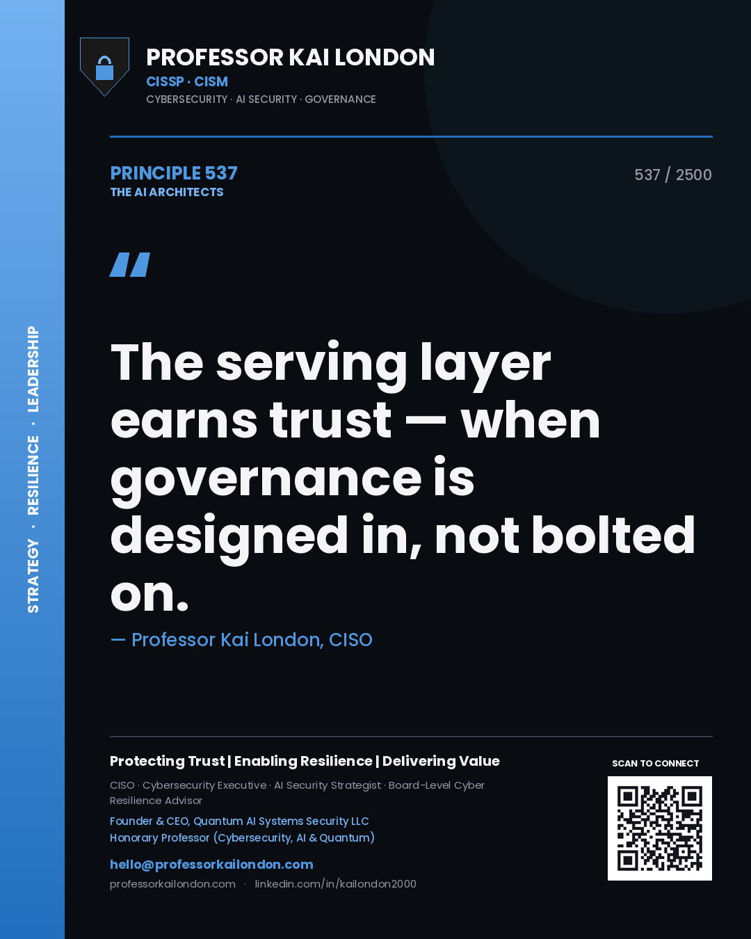 Quote card by Professor Kai London reading 'The serving layer earns trust — when governance is designed in, not bolted on.'. From the book The AI Architects.