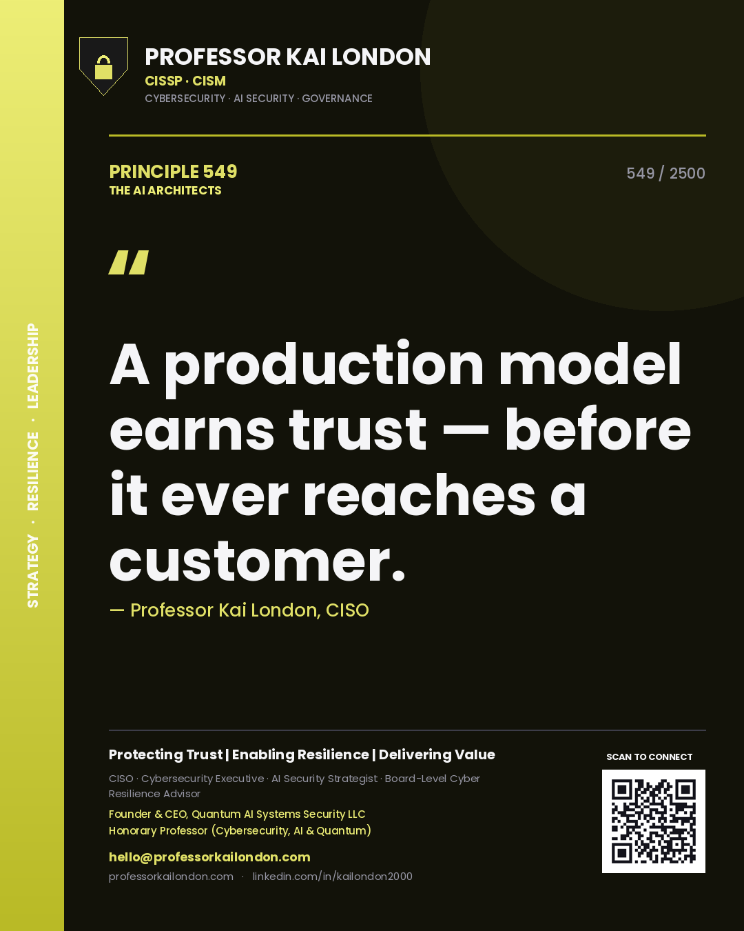 Quote card by Professor Kai London reading 'A production model earns trust — before it ever reaches a customer.'. From the book The AI Architects.