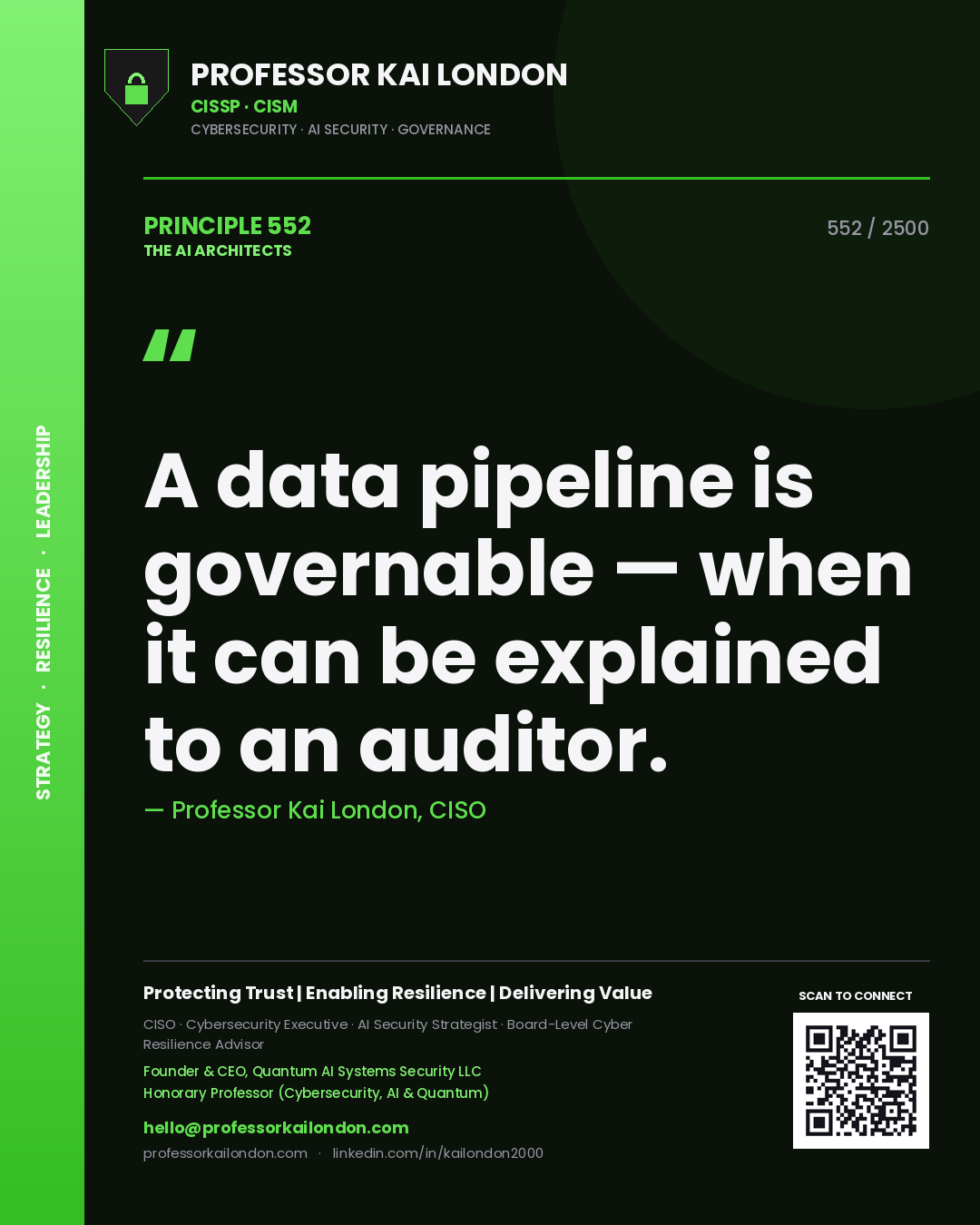 Quote card by Professor Kai London reading 'A data pipeline is governable — when it can be explained to an auditor.'. From the book The AI Architects.