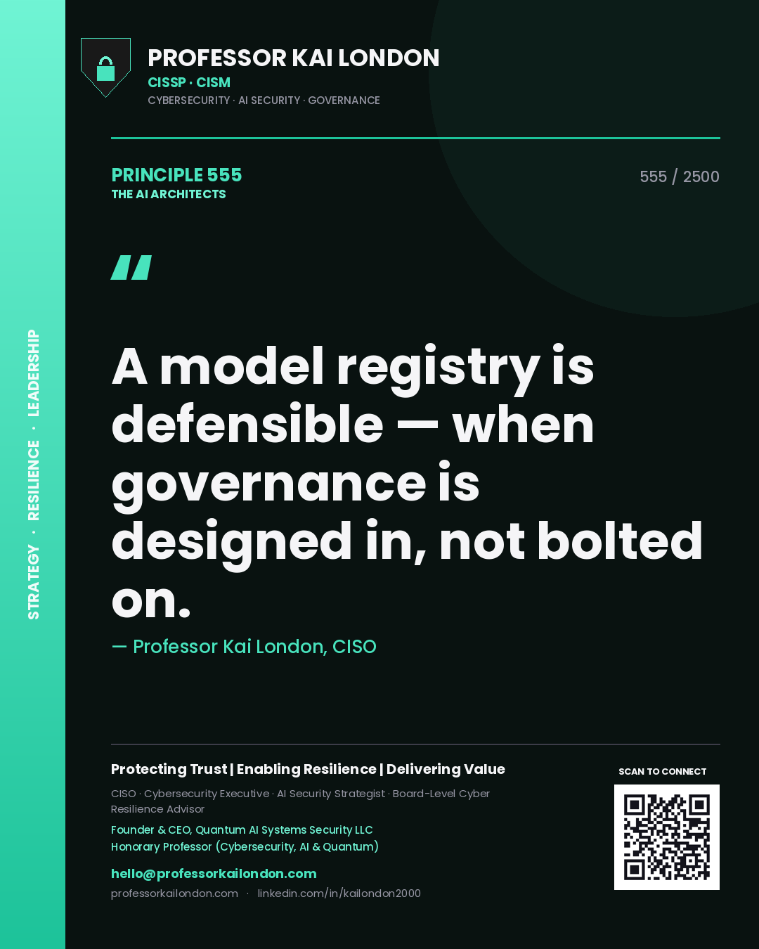 Quote card by Professor Kai London reading 'A model registry is defensible — when governance is designed in, not bolted on.'. From the book The AI Architects.